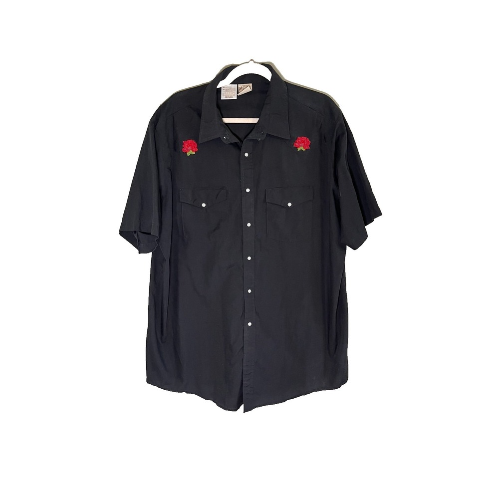 Vintage Western Pearl Snap Shirt Black 2X Rose Rodeo Rockabilly Ranch Country